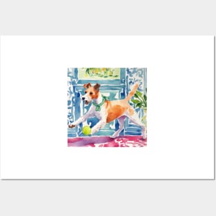 Fox terrier chasing tennis ball watercolor painthing Posters and Art